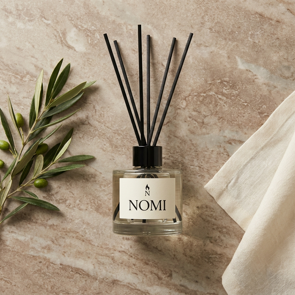 nomi reed diffuser flat lay with olive leaves and cream linen