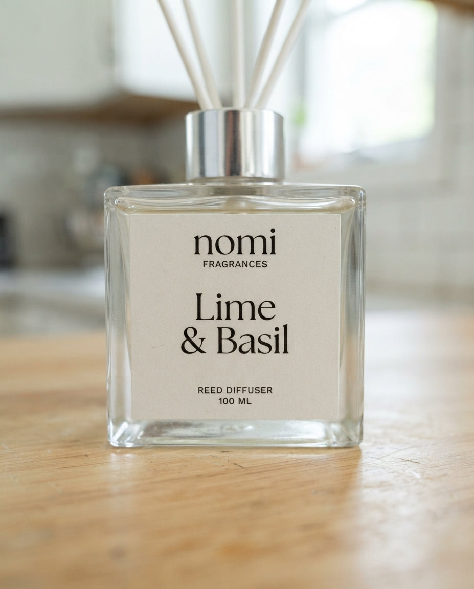 Lime & Basil reed diffuser label closeup