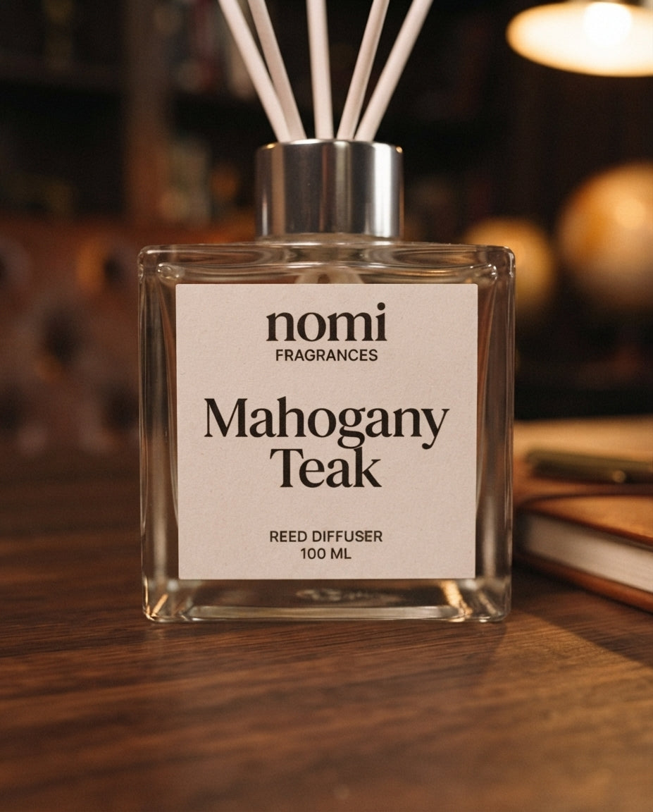 Mahogany Teak reed diffuser label closeup