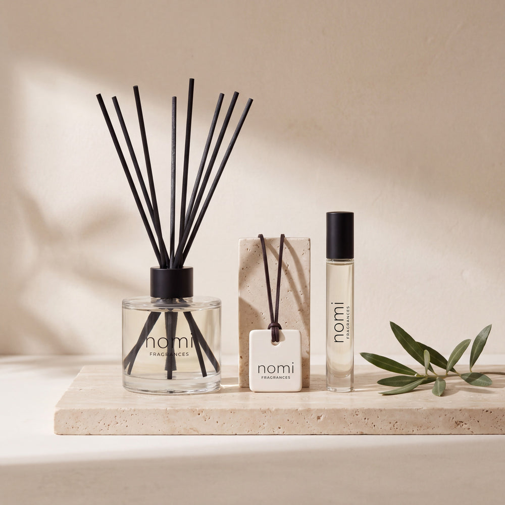 nomi Everywhere Set with reed diffuser, car diffuser and roll-on perfume