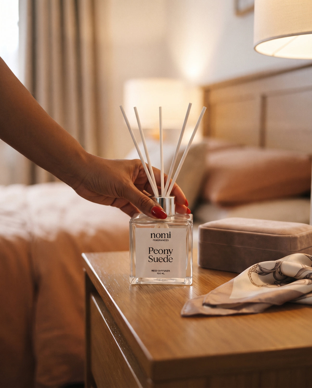Peony Suede reed diffuser lifestyle shot