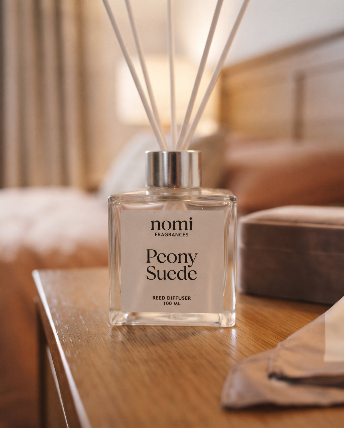 Peony Suede reed diffuser label closeup