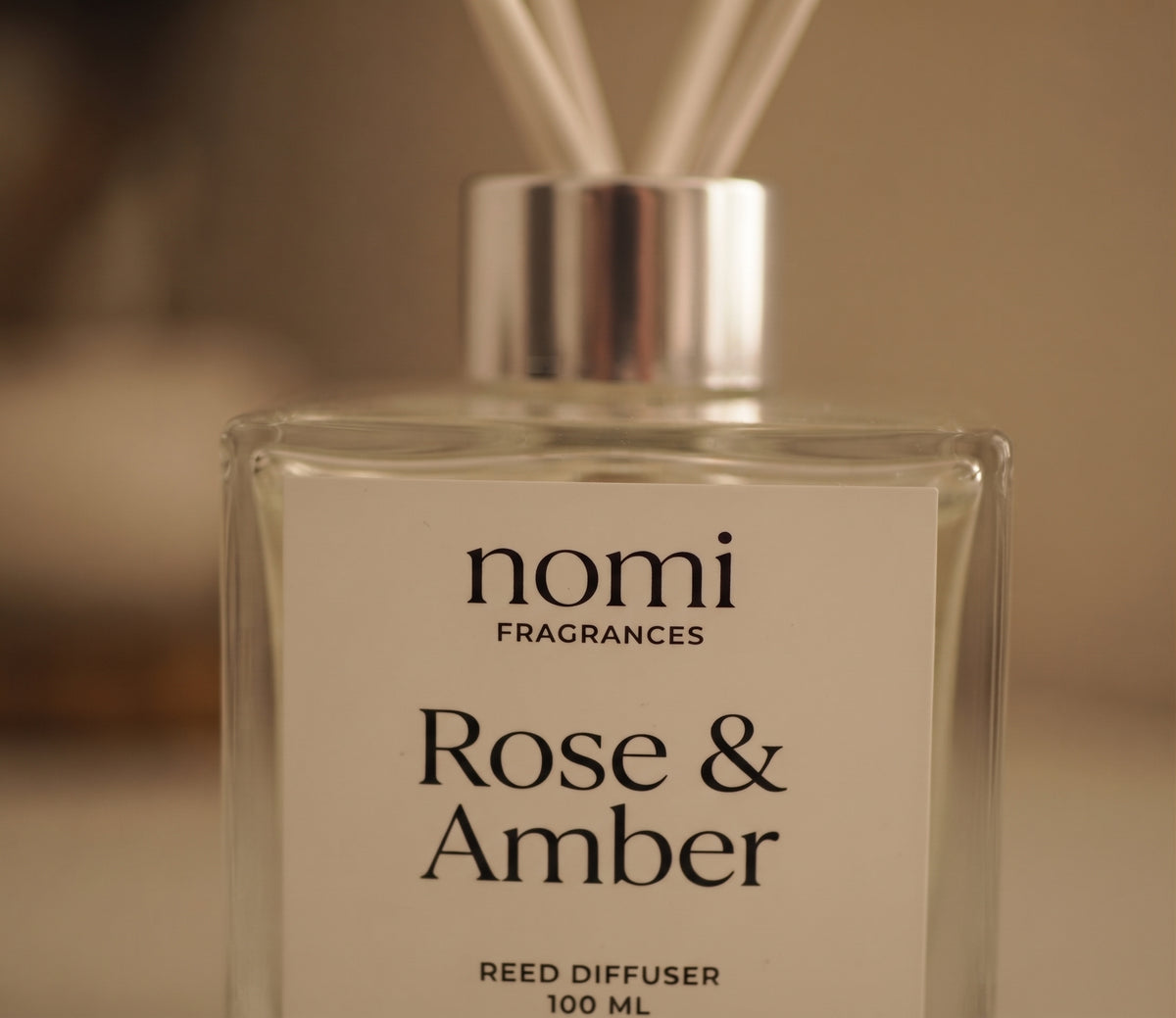 Rose & Amber reed diffuser label closeup