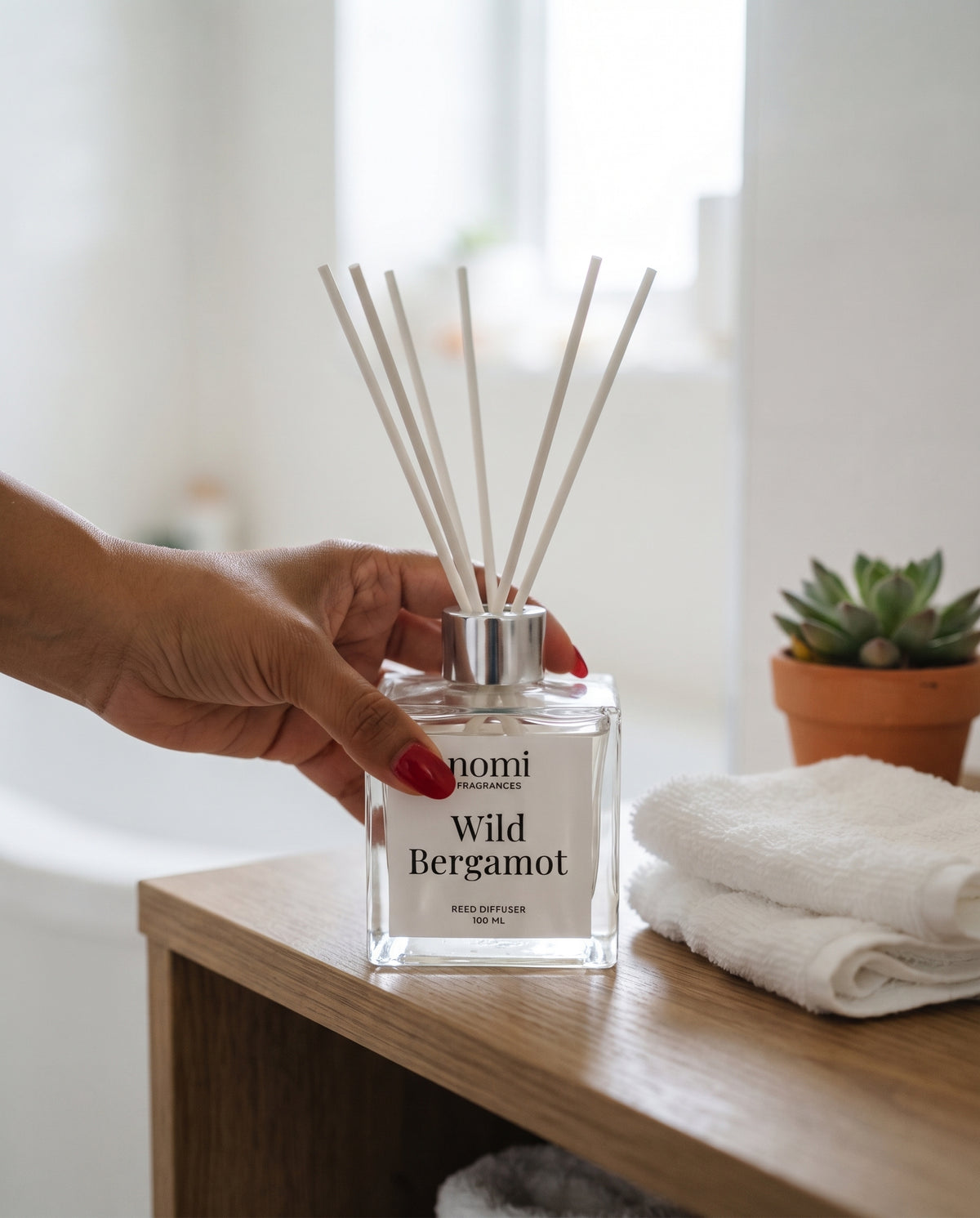 Wild Bergamot reed diffuser label closeup